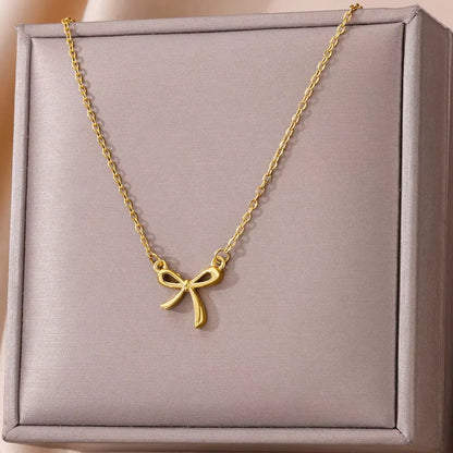 Stainless Steel Bowknot Lucky Necklace for Women Gold Color Korean Necklaces Female Aesthetic Choker Jewelry Daily Accessories