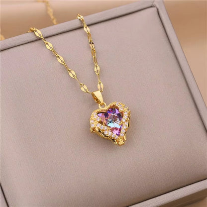 Top Luxury Colorful Crystal Ocean Heart Pendant Necklace for Women Trendy 316L Stainless Steel Jewelry Female Wedding Neck Chain