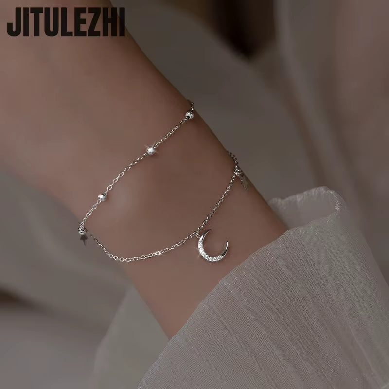 925 Sterling Silver Bracelet for Women Double-Layer Star Moon Bracelet Women'S Folding Design Sense Summer Star Moon Star Bracel