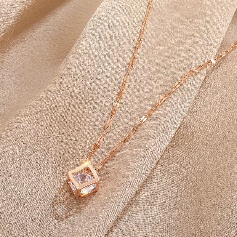 Classic Zircon Crystal inside Hollow Square Stainless Steel Necklace for Women Korean Fashion Sexy Female Clavicle Chain Jewelry