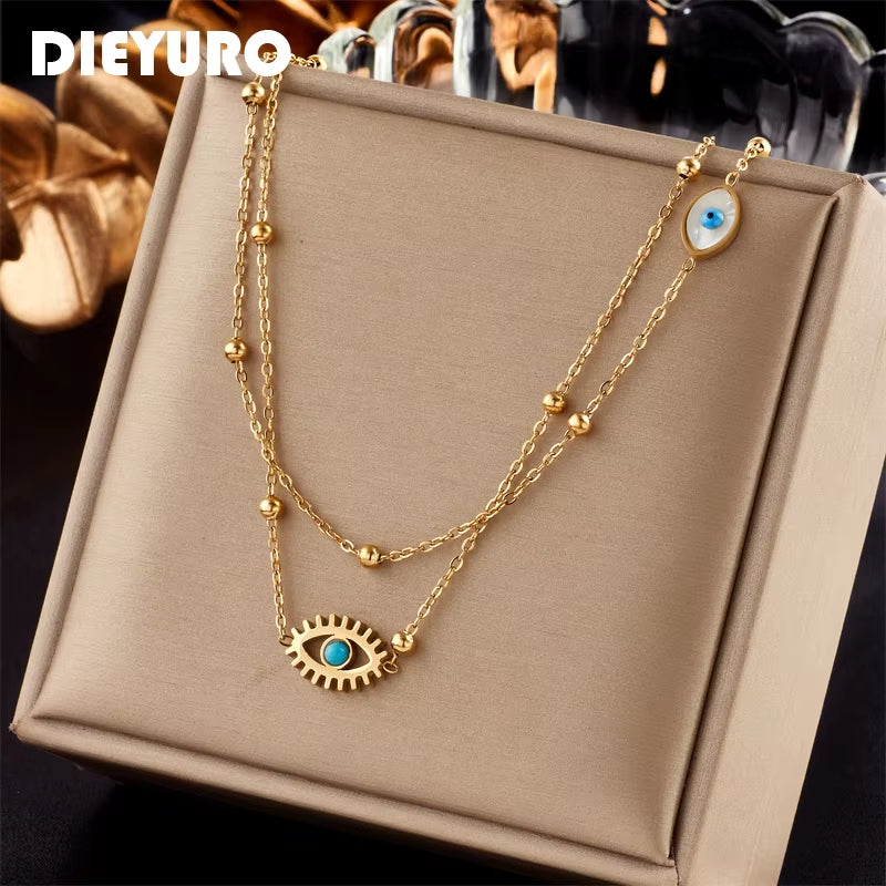 316L Stainless Steel Multilayer 2In1 Eye Pendant Necklace for Women New Girls Clavicle Chains Jewelry Birthday Gifts