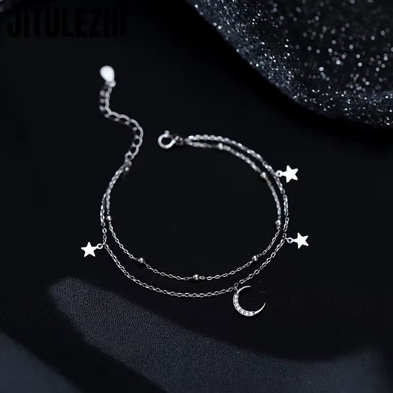 925 Sterling Silver Bracelet for Women Double-Layer Star Moon Bracelet Women'S Folding Design Sense Summer Star Moon Star Bracel