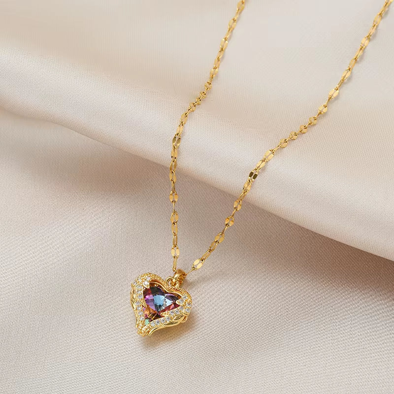 Top Luxury Colorful Crystal Ocean Heart Pendant Necklace for Women Trendy 316L Stainless Steel Jewelry Female Wedding Neck Chain