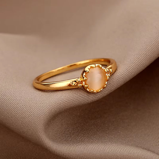 Vintage Opal Stone Flower Rings for Women Anillos Gold Color Stainless Steel Ring Couple Wedding Ring Bohemian Jewelry