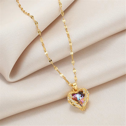 Top Luxury Colorful Crystal Ocean Heart Pendant Necklace for Women Trendy 316L Stainless Steel Jewelry Female Wedding Neck Chain