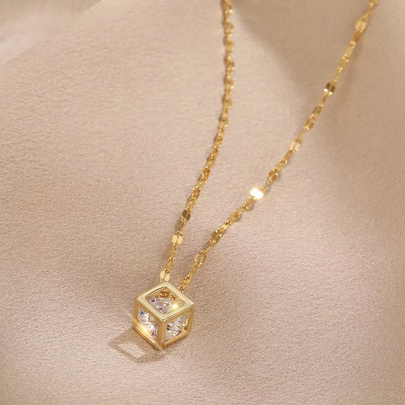 Classic Zircon Crystal inside Hollow Square Stainless Steel Necklace for Women Korean Fashion Sexy Female Clavicle Chain Jewelry