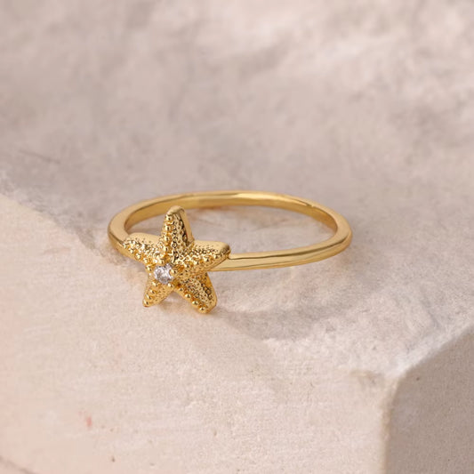 Zircon Starfish Rings for Women Waterproof Stainless Steel Ring Vintage Statement Summer Beach Jewelry Finger Y2K Accessories