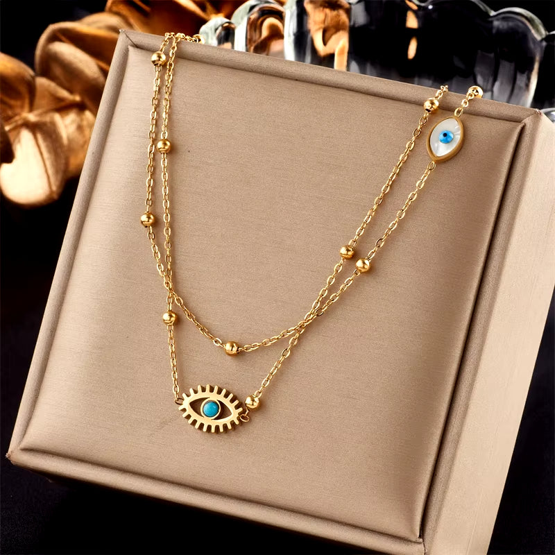 316L Stainless Steel Multilayer 2In1 Eye Pendant Necklace for Women New Girls Clavicle Chains Jewelry Birthday Gifts