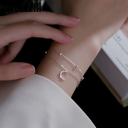 925 Sterling Silver Bracelet for Women Double-Layer Star Moon Bracelet Women'S Folding Design Sense Summer Star Moon Star Bracel