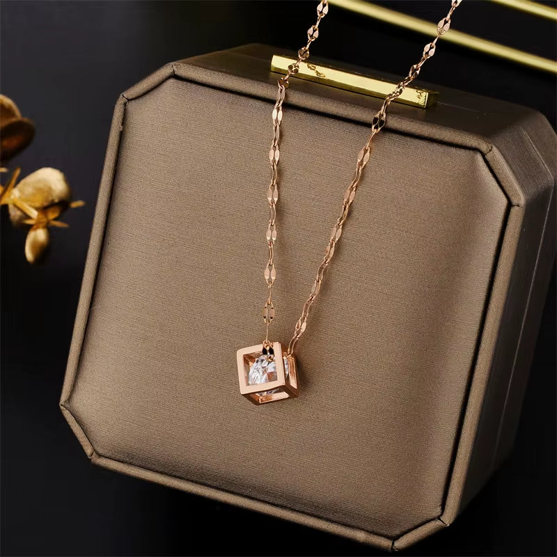 Classic Zircon Crystal inside Hollow Square Stainless Steel Necklace for Women Korean Fashion Sexy Female Clavicle Chain Jewelry