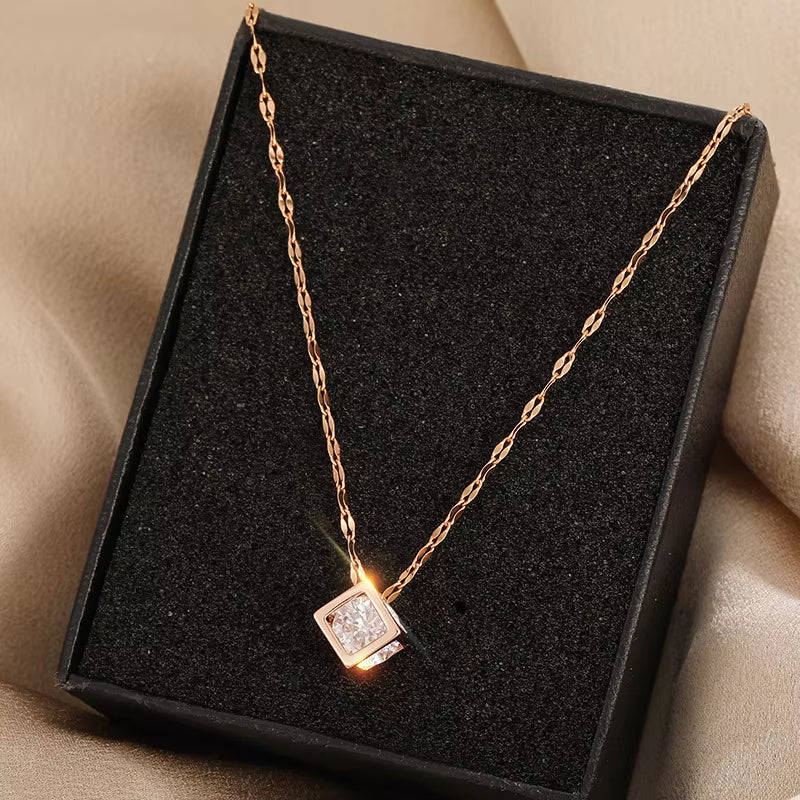 Classic Zircon Crystal inside Hollow Square Stainless Steel Necklace for Women Korean Fashion Sexy Female Clavicle Chain Jewelry