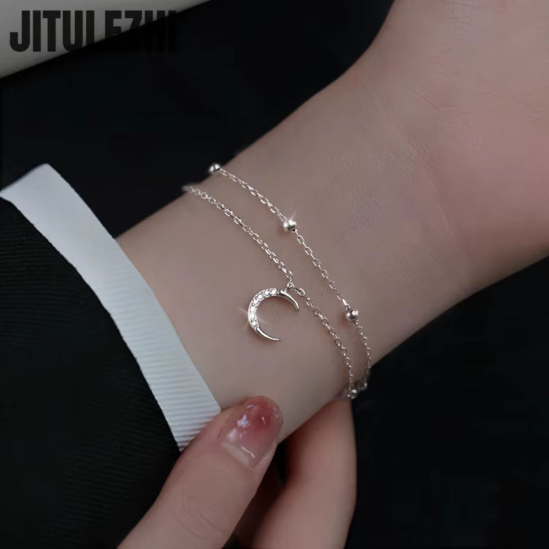 925 Sterling Silver Bracelet for Women Double-Layer Star Moon Bracelet Women'S Folding Design Sense Summer Star Moon Star Bracel